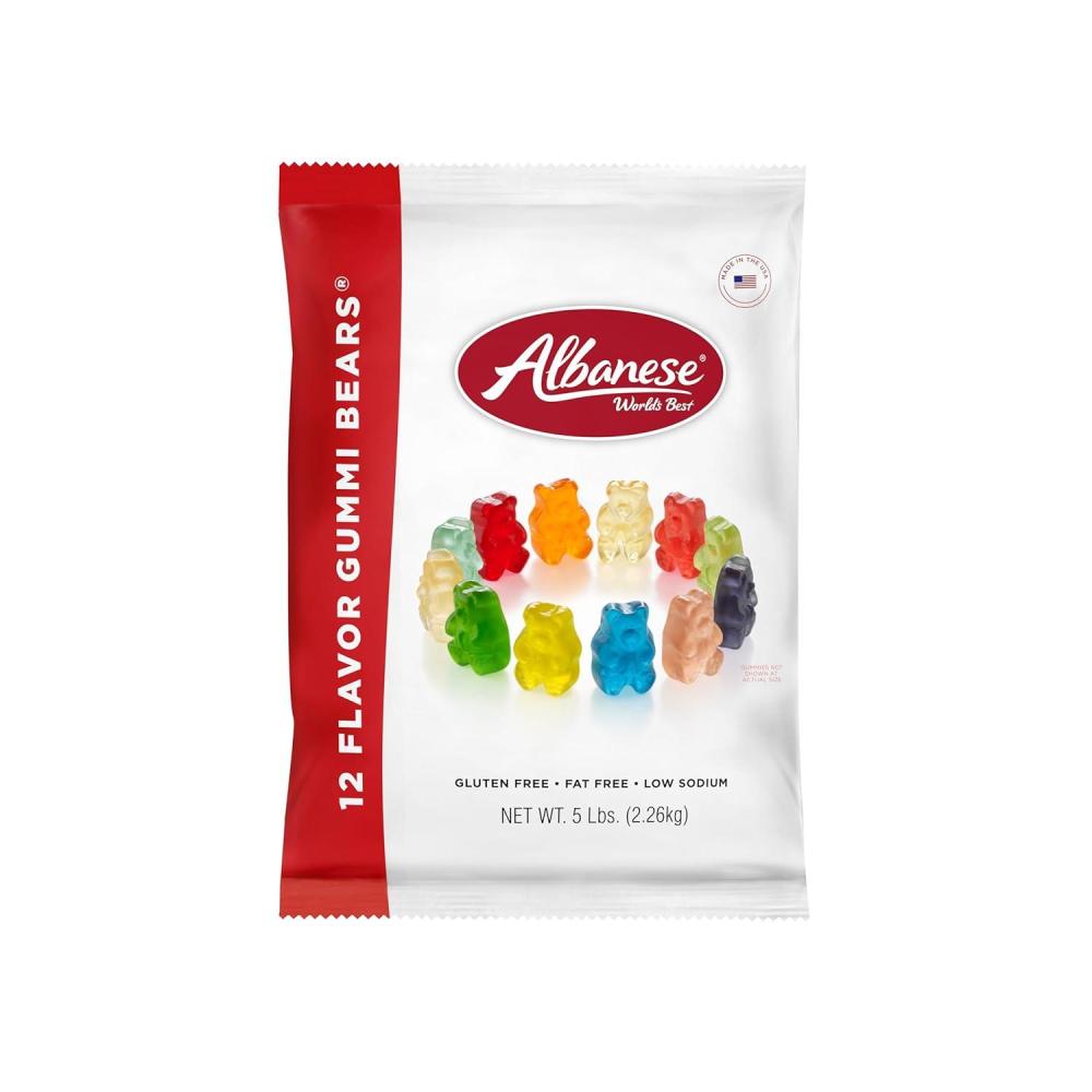 imageAlbanese Worlds Best 12 Flavor Gummi Bears 5lbs of Candy 12 Unique Flavors Gluten Free Fat Free Soft and Chewy Gummy Cherry Blue Raspberry Mango and More Great Snack for Travel and Kids12 Flavor Bears
