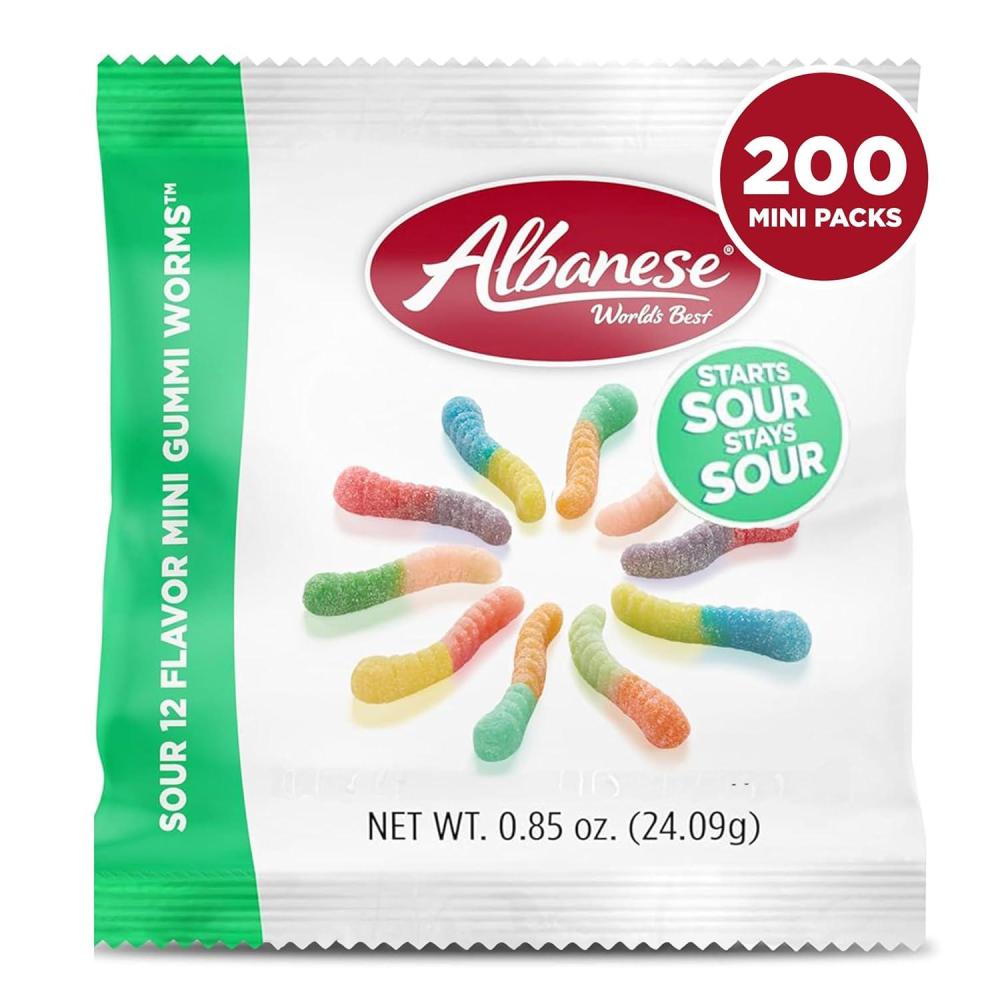 imageAlbanese Worlds Best Sour 12 Flavor Mini Gummi Worms 32oz Bag of Candy 12 Unique Super Sour Flavors Gluten Free Fat Free Soft and Chewy Gummy Worms Perfect Travel Snack and Treat for Kids085 Ounce Pack of 200