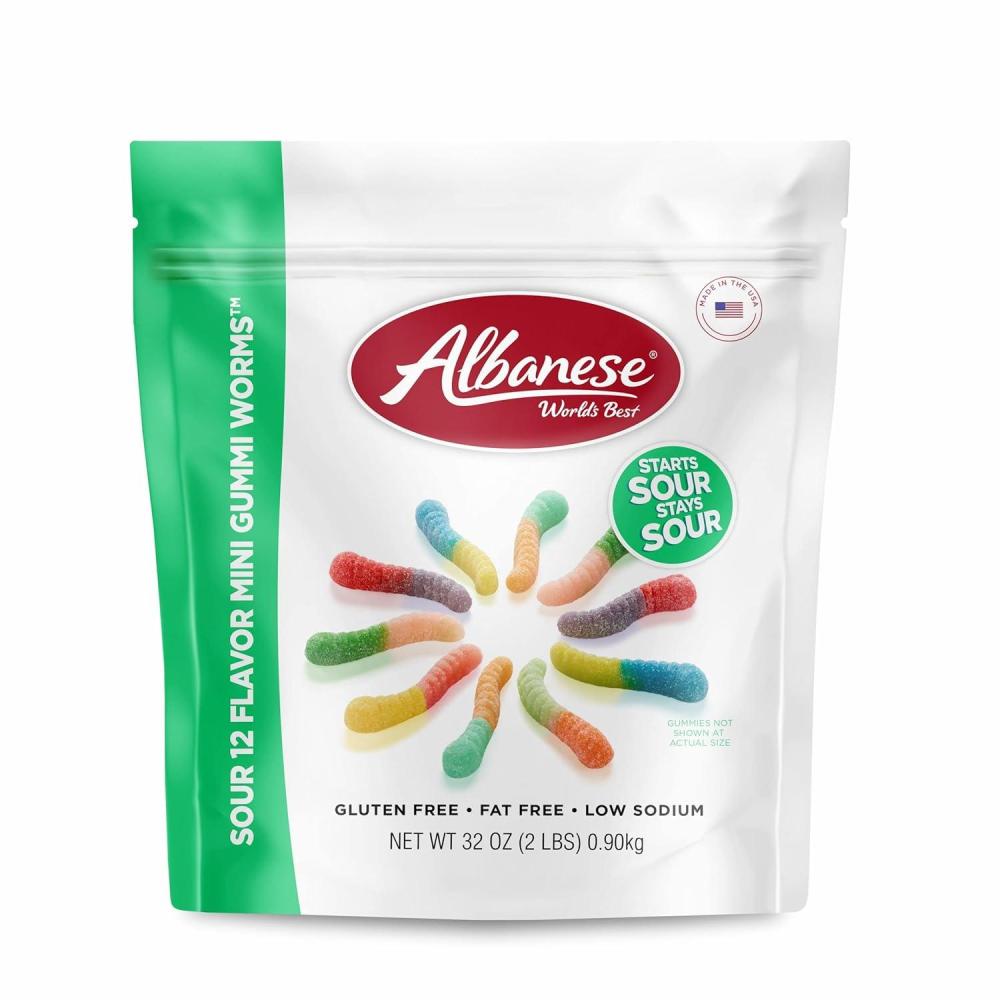 imageAlbanese Worlds Best Sour 12 Flavor Mini Gummi Worms 32oz Bag of Candy 12 Unique Super Sour Flavors Gluten Free Fat Free Soft and Chewy Gummy Worms Perfect Travel Snack and Treat for Kids32 Ounce Pack of 1