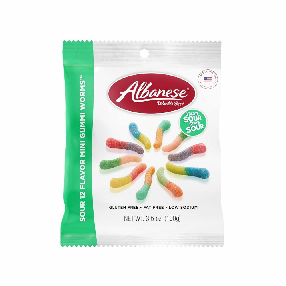 imageAlbanese Worlds Best Sour 12 Flavor Mini Gummi Worms 35oz Bag of Candy Pack of 12 12 Unique Super Sour Flavors Gluten Free Fat Free Soft ampamp Chewy Worms Perfect Travel Snack ampamp Treat for Kids