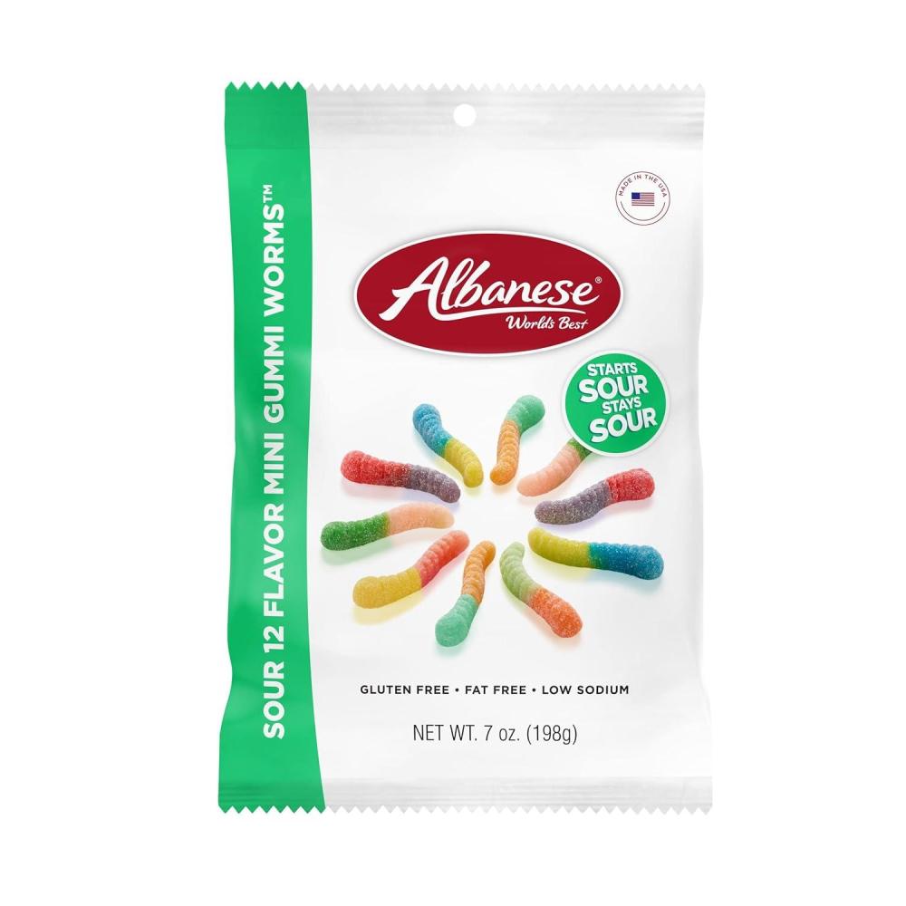 imageAlbanese Worlds Best Sour 12 Flavor Mini Gummi Worms 7oz Bag of Candy Pack of 12 12 Unique Super Sour Flavors Gluten Free Fat Free Soft ampamp Chewy Worms Perfect Travel Snack ampamp Treat for Kids