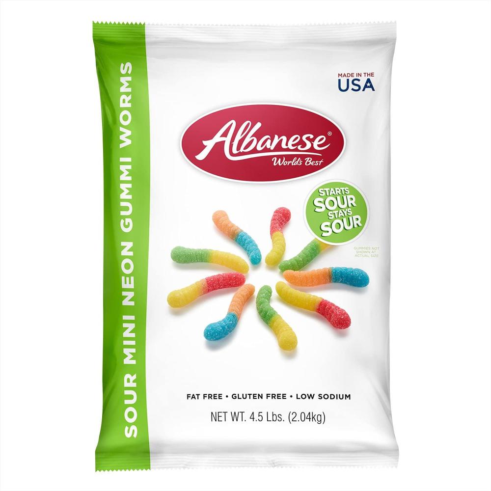 imageAlbanese Worlds Best Sour Mini Neon Gummi Worms 45lbs of Candy 5 Super Sour Flavors Gluten Free Fat Free Soft ampamp Chewy Gummies Blue Raspberry Lemon and More Perfect for Birthday Parties45 Pound Pack of 1